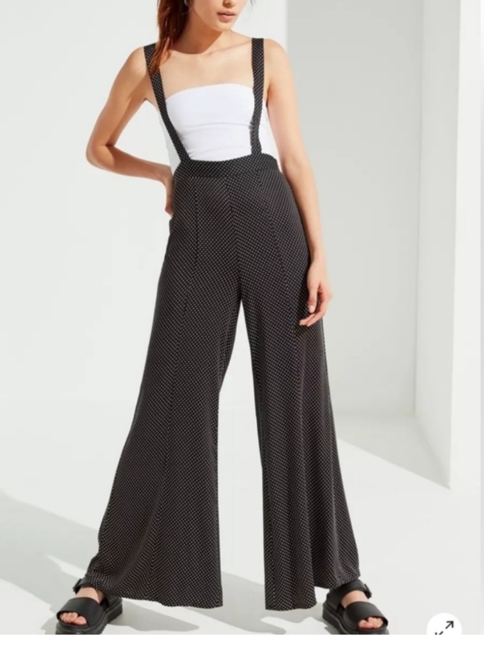 Urban Outfitters Black Polka Dot Wide-Leg Suspender Jumpsuit